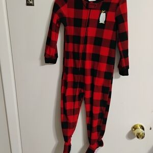 Carter's Red and Black Buffalo Plaid Footed One-Piece with Penguin